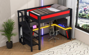 English Elm Full Size Gaming Loft Bed with RGB Lighting Desk Wardrobe and USB Charging Station Black+Red N7090006400J