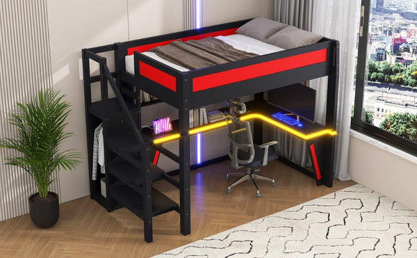 English Elm Full Size Gaming Loft Bed with RGB Lighting Desk Wardrobe and USB Charging Station Black+Red N7090006400J