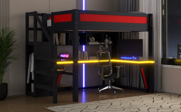 English Elm Full Size Gaming Loft Bed with RGB Lighting Desk Wardrobe and USB Charging Station Black+Red N7090006400J