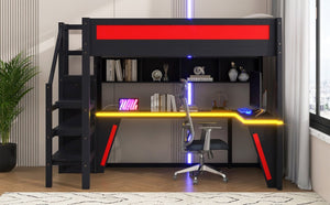English Elm Full Size Gaming Loft Bed with RGB Lighting Desk Wardrobe and USB Charging Station Black+Red N7090006400J