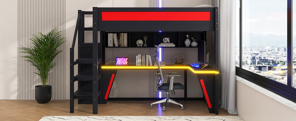 English Elm Full Size Gaming Loft Bed with RGB Lighting Desk Wardrobe and USB Charging Station Black+Red N7090006400J