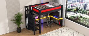 English Elm Full Size Gaming Loft Bed with RGB Lighting Desk Wardrobe and USB Charging Station Black+Red N7090006400J
