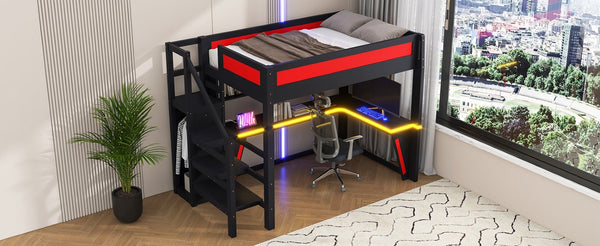English Elm Full Size Gaming Loft Bed with RGB Lighting Desk Wardrobe and USB Charging Station Black+Red N7090006400J