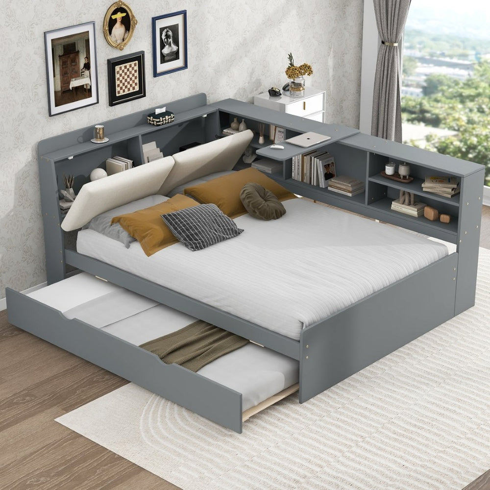English Elm N709p214124e Upholstered Platform Bed Solid Pine Frame with Headboard Storage Shelves N709P214124E
