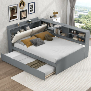 English Elm N709p214124e Upholstered Platform Bed Solid Pine Frame with Headboard Storage Shelves N709P214124E