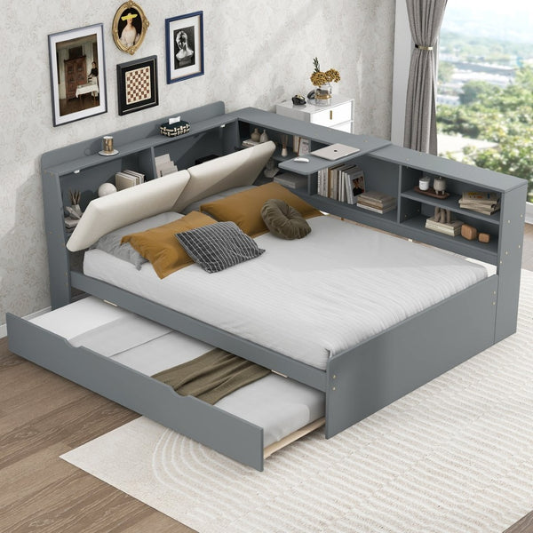 English Elm N709p214124e Upholstered Platform Bed Solid Pine Frame with Headboard Storage Shelves N709P214124E