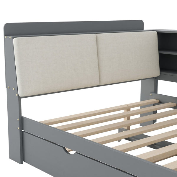 English Elm N709p214124e Upholstered Platform Bed Solid Pine Frame with Headboard Storage Shelves N709P214124E