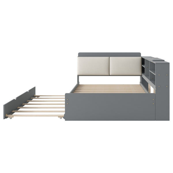 English Elm N709p214124e Upholstered Platform Bed Solid Pine Frame with Headboard Storage Shelves N709P214124E