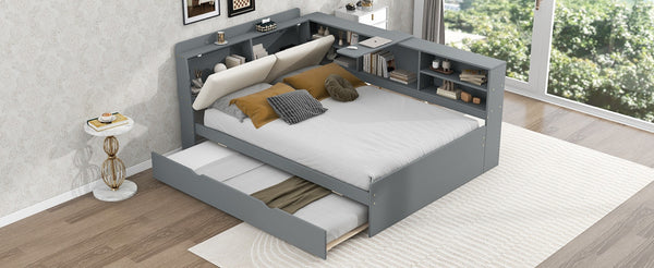 English Elm N709p214124e Upholstered Platform Bed Solid Pine Frame with Headboard Storage Shelves N709P214124E