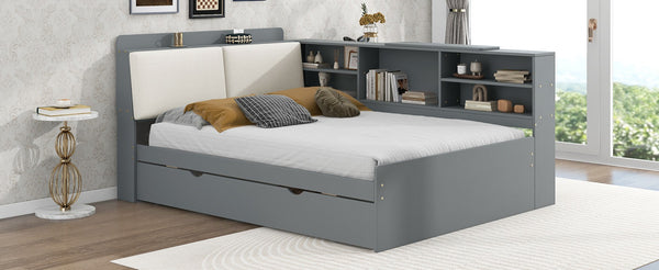 English Elm N709p214124e Upholstered Platform Bed Solid Pine Frame with Headboard Storage Shelves N709P214124E