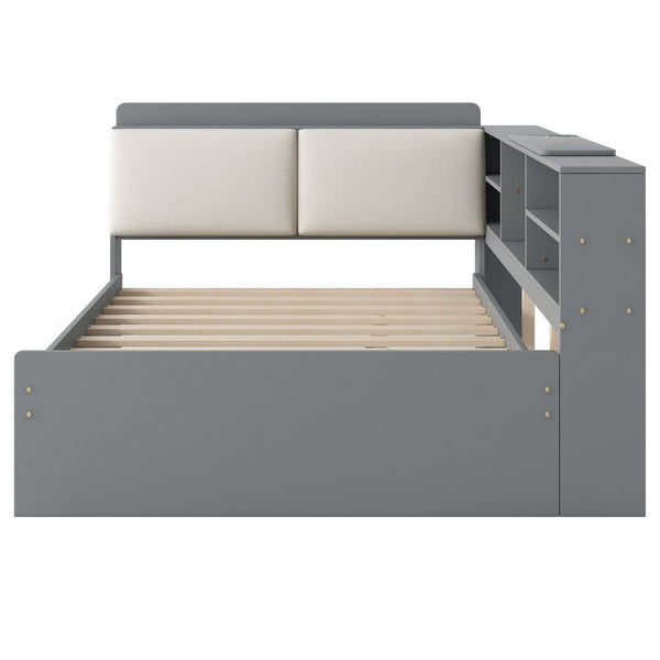 English Elm N709p214124e Upholstered Platform Bed Solid Pine Frame with Headboard Storage Shelves N709P214124E