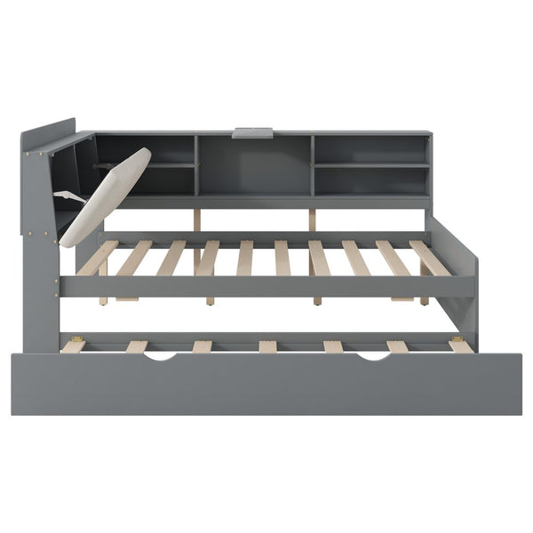 English Elm N709p214124e Upholstered Platform Bed Solid Pine Frame with Headboard Storage Shelves N709P214124E