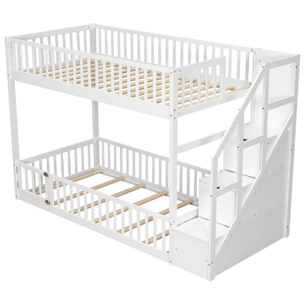 English Elm Twin Over Floor Bunk Bed Solid Pine Frame with Storage Stair Ladder and Guardrails N709P353589K
