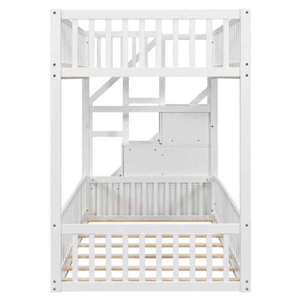 English Elm Twin Over Floor Bunk Bed Solid Pine Frame with Storage Stair Ladder and Guardrails N709P353589K