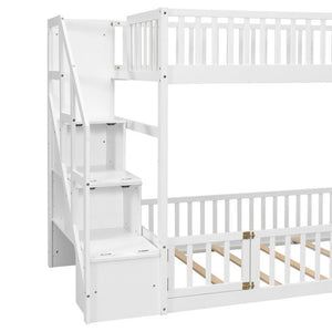 English Elm Twin Over Floor Bunk Bed Solid Pine Frame with Storage Stair Ladder and Guardrails N709P353589K