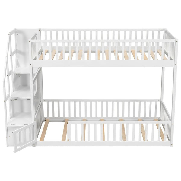 English Elm Twin Over Floor Bunk Bed Solid Pine Frame with Storage Stair Ladder and Guardrails N709P353589K