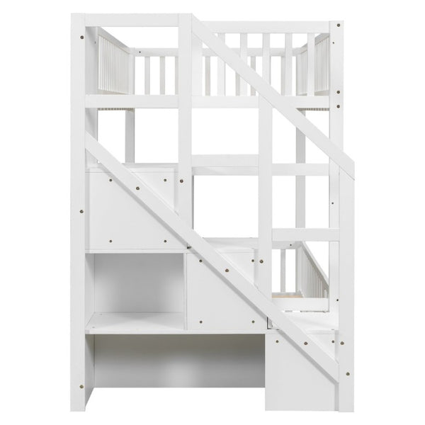 English Elm Twin Over Floor Bunk Bed Solid Pine Frame with Storage Stair Ladder and Guardrails N709P353589K