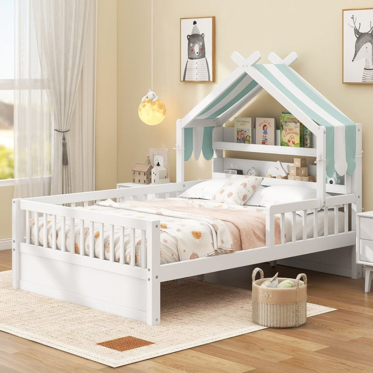 English Elm Full Size Pine House Bed with Peaked Roofline Headboard Shelf and Safety Rails White N709P395661K