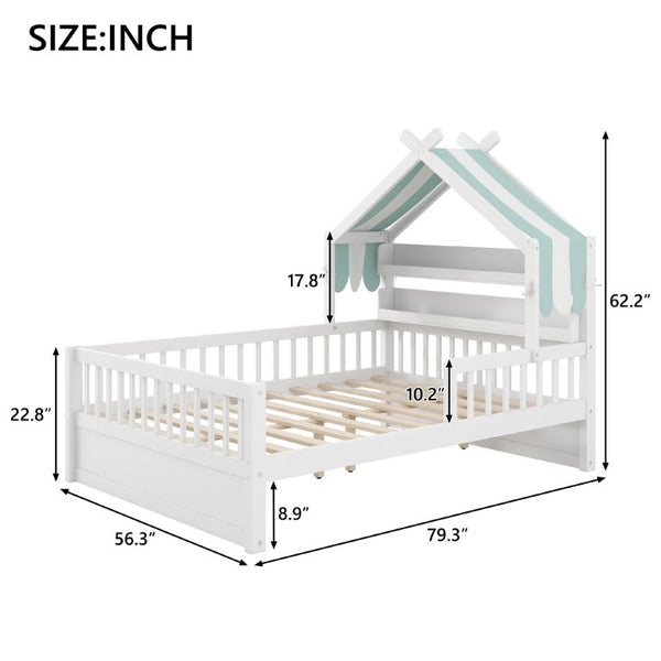 English Elm Full Size Pine House Bed with Peaked Roofline Headboard Shelf and Safety Rails White N709P395661K
