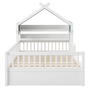 English Elm Full Size Pine House Bed with Peaked Roofline Headboard Shelf and Safety Rails White N709P395661K