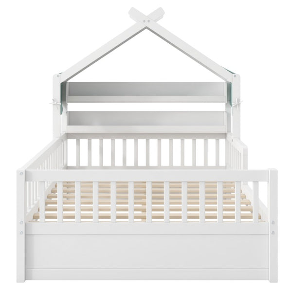 English Elm Full Size Pine House Bed with Peaked Roofline Headboard Shelf and Safety Rails White N709P395661K
