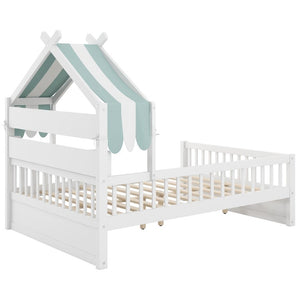 English Elm Full Size Pine House Bed with Peaked Roofline Headboard Shelf and Safety Rails White N709P395661K