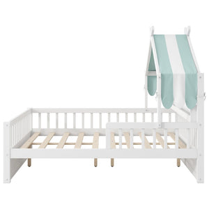 English Elm Full Size Pine House Bed with Peaked Roofline Headboard Shelf and Safety Rails White N709P395661K