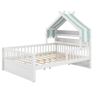 English Elm Full Size Pine House Bed with Peaked Roofline Headboard Shelf and Safety Rails White N709P395661K