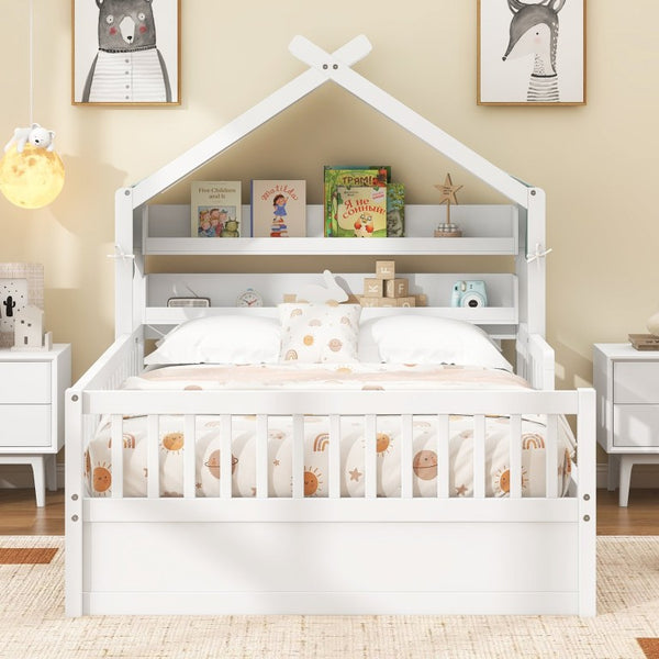 English Elm Full Size Pine House Bed with Peaked Roofline Headboard Shelf and Safety Rails White N709P395661K