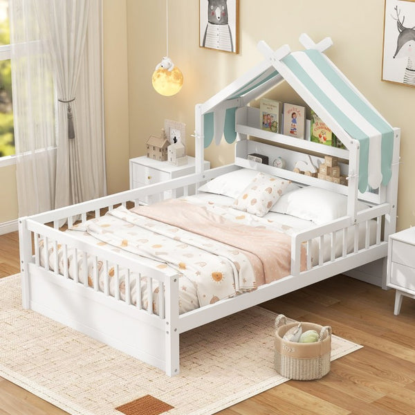 English Elm Full Size Pine House Bed with Peaked Roofline Headboard Shelf and Safety Rails White N709P395661K