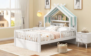 English Elm Full Size Pine House Bed with Peaked Roofline Headboard Shelf and Safety Rails White N709P395661K