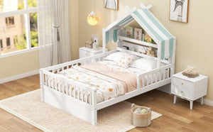English Elm Full Size Pine House Bed with Peaked Roofline Headboard Shelf and Safety Rails White N709P395661K