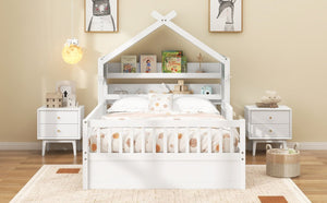 English Elm Full Size Pine House Bed with Peaked Roofline Headboard Shelf and Safety Rails White N709P395661K