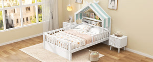English Elm Full Size Pine House Bed with Peaked Roofline Headboard Shelf and Safety Rails White N709P395661K