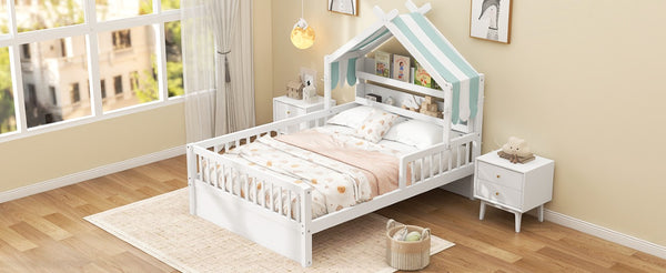 English Elm Full Size Pine House Bed with Peaked Roofline Headboard Shelf and Safety Rails White N709P395661K