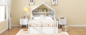 English Elm Full Size Pine House Bed with Peaked Roofline Headboard Shelf and Safety Rails White N709P395661K