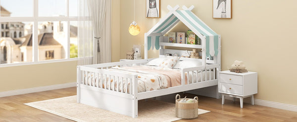 English Elm Full Size Pine House Bed with Peaked Roofline Headboard Shelf and Safety Rails White N709P395661K