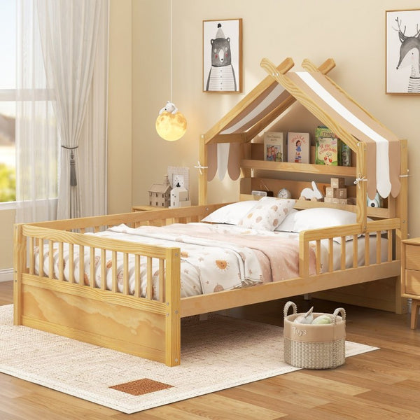 English Elm Full Size Pine House Bed with Peaked Roofline Headboard Shelf and Safety Rails Natural N709P395661N