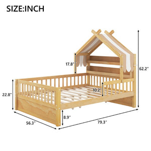 English Elm Full Size Pine House Bed with Peaked Roofline Headboard Shelf and Safety Rails Natural N709P395661N