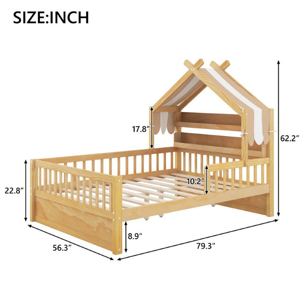English Elm Full Size Pine House Bed with Peaked Roofline Headboard Shelf and Safety Rails Natural N709P395661N