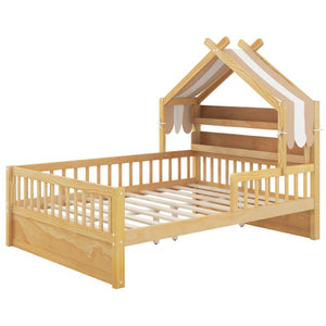 English Elm Full Size Pine House Bed with Peaked Roofline Headboard Shelf and Safety Rails Natural N709P395661N