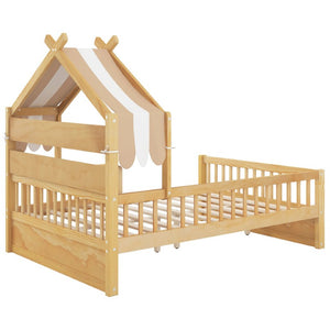English Elm Full Size Pine House Bed with Peaked Roofline Headboard Shelf and Safety Rails Natural N709P395661N