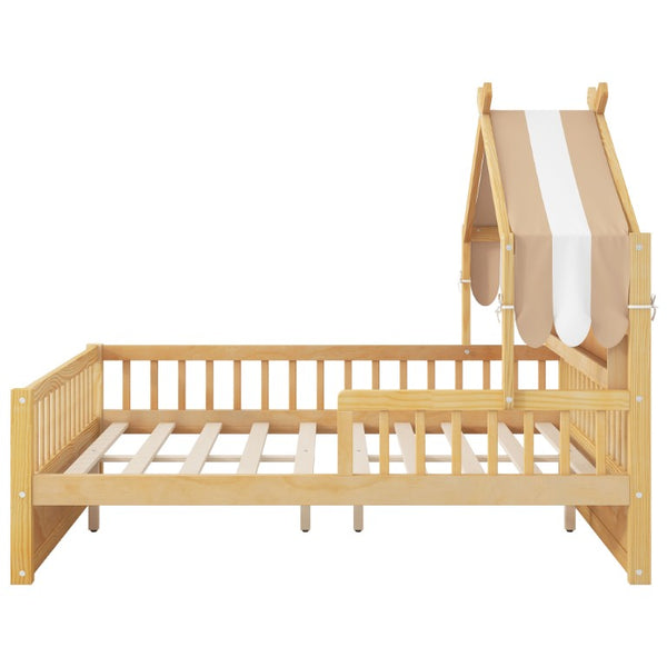 English Elm Full Size Pine House Bed with Peaked Roofline Headboard Shelf and Safety Rails Natural N709P395661N