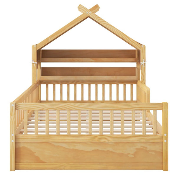 English Elm Full Size Pine House Bed with Peaked Roofline Headboard Shelf and Safety Rails Natural N709P395661N