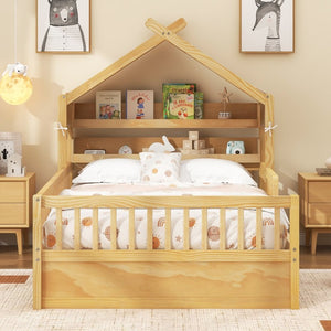 English Elm Full Size Pine House Bed with Peaked Roofline Headboard Shelf and Safety Rails Natural N709P395661N
