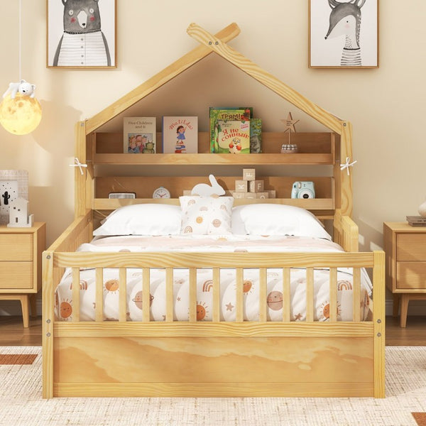 English Elm Full Size Pine House Bed with Peaked Roofline Headboard Shelf and Safety Rails Natural N709P395661N