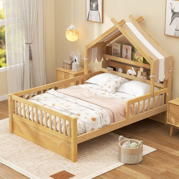 English Elm Full Size Pine House Bed with Peaked Roofline Headboard Shelf and Safety Rails Natural N709P395661N