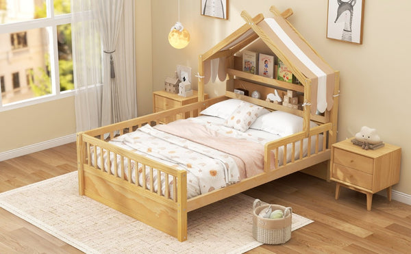 English Elm Full Size Pine House Bed with Peaked Roofline Headboard Shelf and Safety Rails Natural N709P395661N