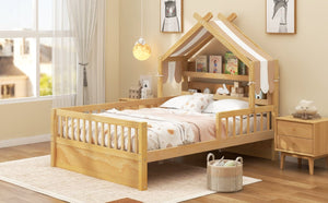 English Elm Full Size Pine House Bed with Peaked Roofline Headboard Shelf and Safety Rails Natural N709P395661N