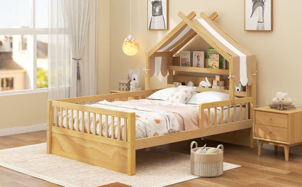 English Elm Full Size Pine House Bed with Peaked Roofline Headboard Shelf and Safety Rails Natural N709P395661N